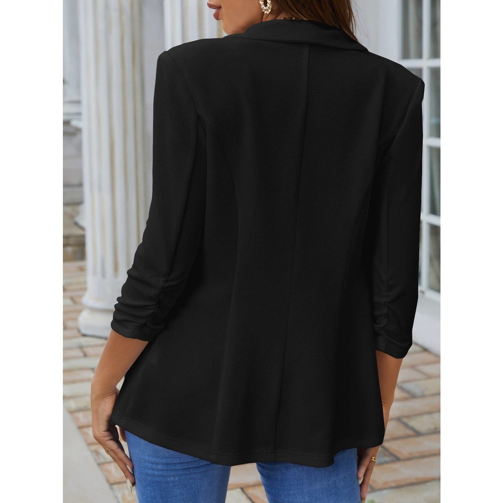 minimalist Shawl Collar Single Button Ruched Cuff Blazer jacket black - Picture 2 of 11